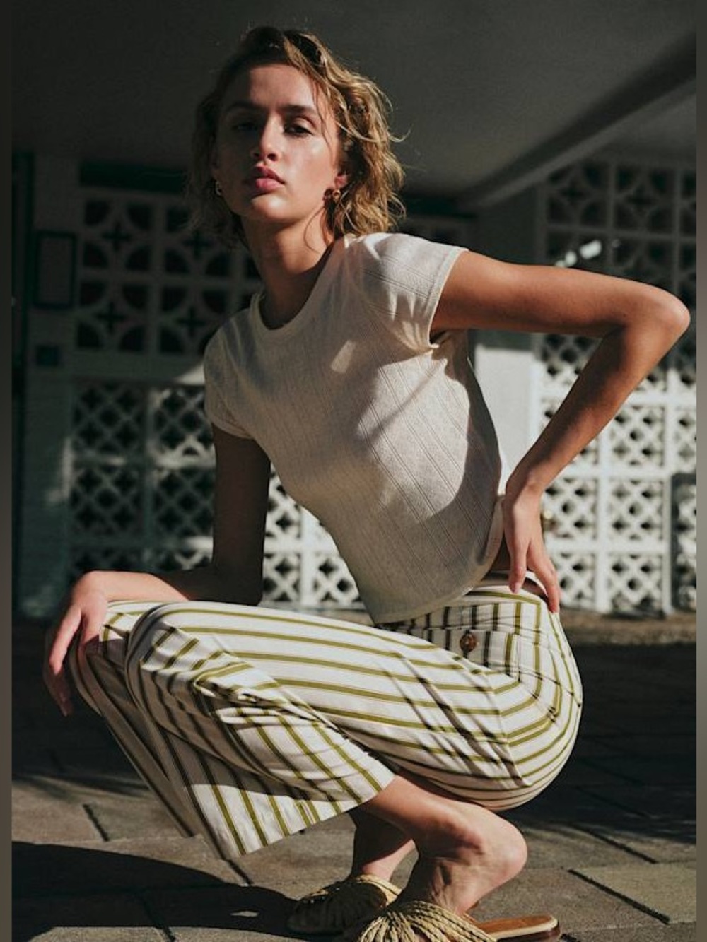 Sézane Cream Striped Wide-Leg Pants with Olive Stripes